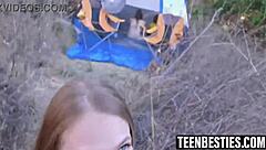 Three new teens camping in woods feeling aroused