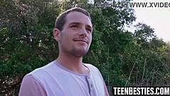 Three new teens camping in woods feeling aroused