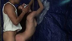 Does the teen masturbate with dildo before rough doggystyle outdoors?