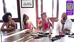 Teen 18+ Brazilian in sheer red with black couple.