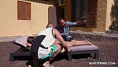Sunbathing Turns into Intense Rimjob and Blowjob Threesome!