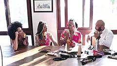 Teen 18+ Brazilian in sheer red with black couple.