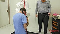 Doctor hangs ebony upside down for bondage rimjob and cum