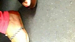 Mature Woman Hides Her Feet in Wedges and Sandals During Candid Moment