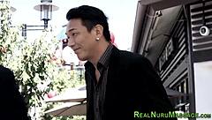 Nuru masseuse gives a sloppy handjob.