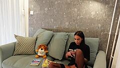 Frustrated handjob on hot petite girl in black stockings