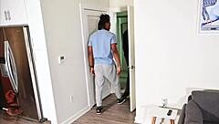 Mature brunette teases during welfare check with interracial bodybuilder in mmf cunilingus