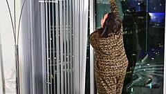 Mature brunette teases during welfare check with interracial bodybuilder in mmf cunilingus