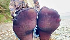 Beautiful Nylon Feet Jeans Outdoor Teasing