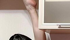 Housewife teases with striped panties and wet pussy upskirt