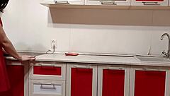 Housewife teases with striped panties and wet pussy upskirt