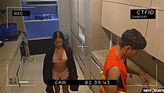 I fuck my boss's stepdaughter behind his back in the bedroom, licking her tits.