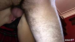 Skinny girl with big tits in fishnet stockings get cosplay fuck by old guy