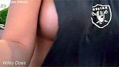 Wife flashes her big tits on the street for me.