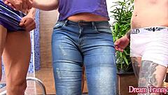 Blonde trans slut Carol Penelope is serving three men with blowjobs