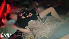 teen couple has sex on squeaky illuminated hotel bed with muff diving and natural tits