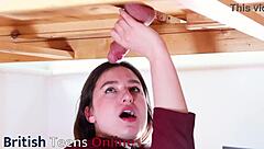 Naughty Uniformed Brunette Ellie Milks Cock at Milking Table in Uncensored Bisexual Scene