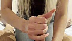 Beautiful blonde babe in lingerie with small waist helps me cum on the bed during massage