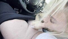 Beautiful slut deepthroats cock in car, clothes ripped, covered in cum
