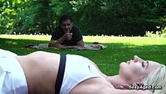 Old man meets sexy blonde in public park for fucking with oral and moaning.