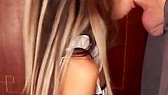 Skinny Blonde Maid Candie Cross Polishes Cock On Knees