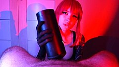 Pretty brunette teen uses sex toy on him then gives blowjob