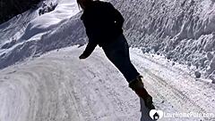 hot stepmom shows tits and pees in snow