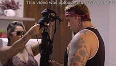 i'm behind the scenes watching my blonde friend with big tits getting fucked by a muscular guy with monster cock, ending in cumshot and facial