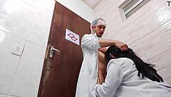 Nurse removes condom and fucks Asian doctor bareback in hospital bathroom!