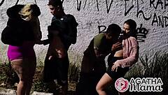 Tiffany and mama cum hard on strangers' cocks in alley night