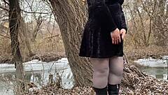 mother-in-law pees outdoors in pantyhose