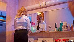 Excited babe attendant joins swinger couple in public bathroom for passionate group sex.