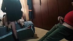 my stepdad and his friend fuck me at once in a threesome with cum on ass and clothes ripped