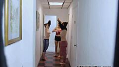 Ballerinas eagerly blow their instructor's thick dick in group session.