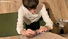 skinny girl kneels for blowjob ending in facial