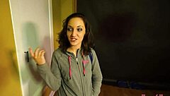 Skinny Petite Coed Ryann Deepthroats, Gets Fingered, and Receives Cumshot on Shaved Pussy