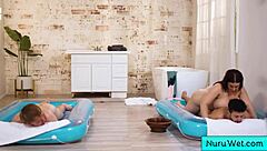 Natasha nice fucks two boys in nuru massage