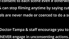 Mina Moon, the shaved pussy nurse in gloves, sucks dick backstage. She spreads legs for missionary fucking twice in hospital close up.