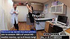 Mina Moon, the shaved pussy nurse in gloves, sucks dick backstage. She spreads legs for missionary fucking twice in hospital close up.