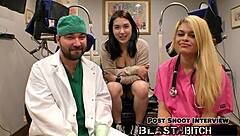 Mina Moon, the shaved pussy nurse in gloves, sucks dick backstage. She spreads legs for missionary fucking twice in hospital close up.