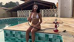 Can a skinny brunette wife handle choking and gagging on cock by the pool after hookah
