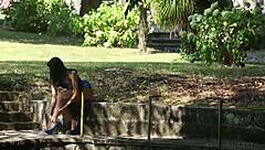 What Happens When Beautiful Babe in Blue Strips Outdoors for Metart?