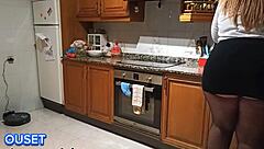 Latina with enormous ass gets surprised in the kitchen by unexpected visitor