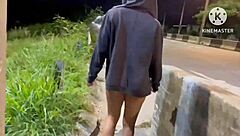 wife enjoys wild action with a fan on the light rail