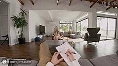 Horny blonde nymph deeply sucks sexologist's huge cock in VR session part 2.