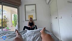 this milf starts masturbating in tight leather leggings, then she sucks eagerly while i fuck her swollen pussy hard.