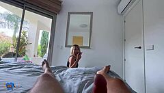 this milf starts masturbating in tight leather leggings, then she sucks eagerly while i fuck her swollen pussy hard.