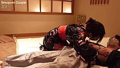 Intense kimono-clad beauty rides wildly exposing shaved pussy