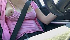 italian milf drives car solo flashing her big horny tits and nipples