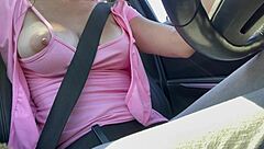 italian milf drives car solo flashing her big horny tits and nipples
